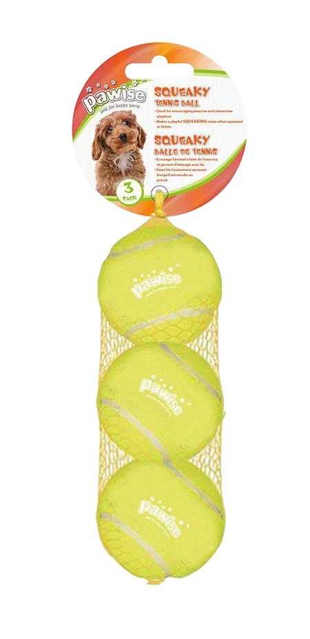 Pawise Squeaky tennisbollar, tre gula bollar med pip, 6,3 cm